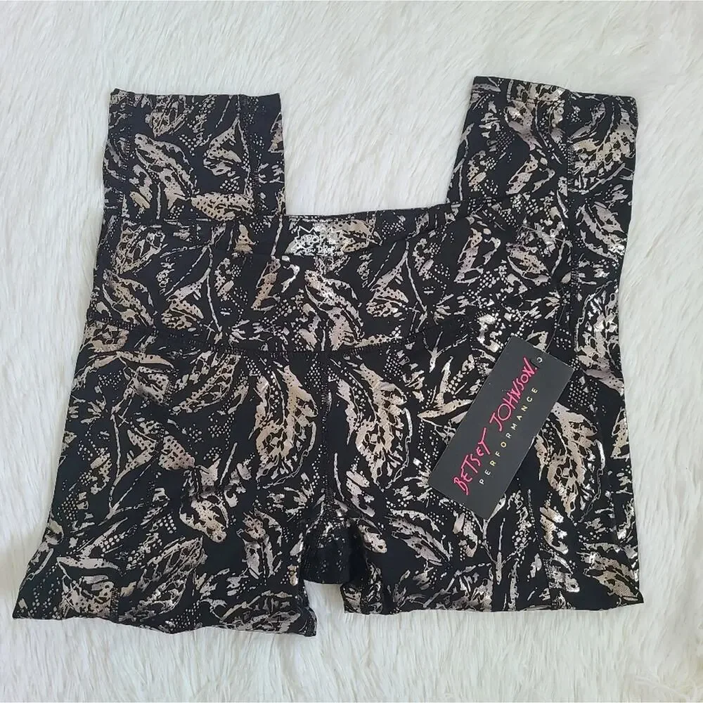Betsey Johnson  Black And Silver Foil Print Capri Leggings NWT Small